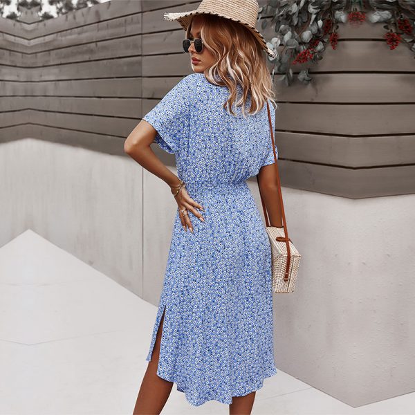 2021 primavera novo vestido de bandagem feminina casual manga curta botão floral vestido de impressão para a mulher verão vestido estilo de férias - Imagem 2