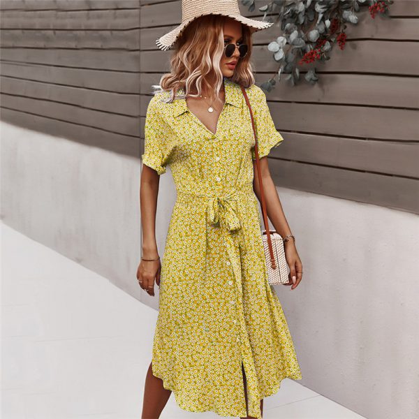 2021 primavera novo vestido de bandagem feminina casual manga curta botão floral vestido de impressão para a mulher verão vestido estilo de férias - Imagem 3