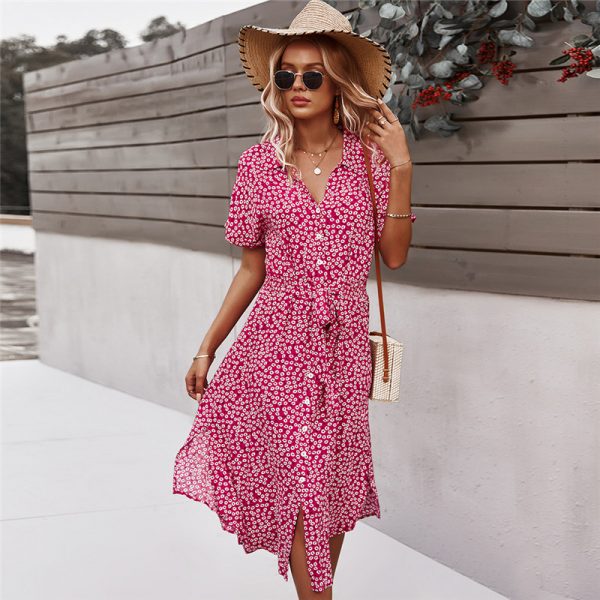 2021 primavera novo vestido de bandagem feminina casual manga curta botão floral vestido de impressão para a mulher verão vestido estilo de férias - Imagem 4