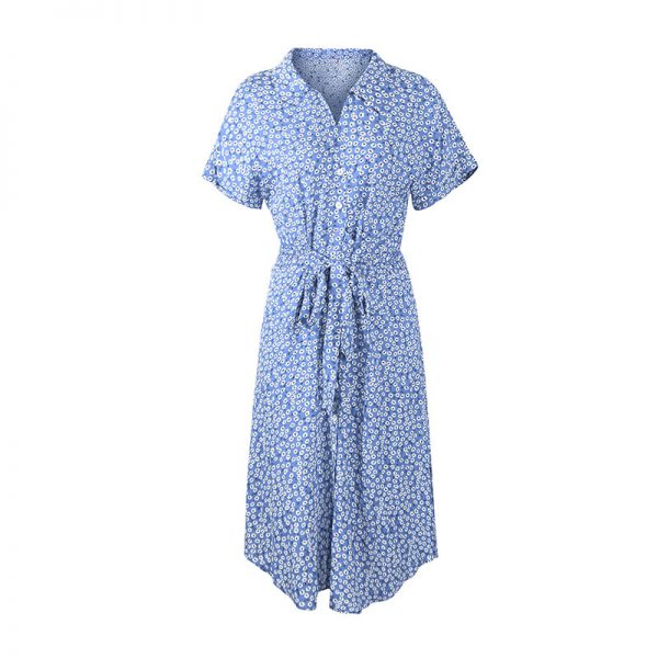 2021 primavera novo vestido de bandagem feminina casual manga curta botão floral vestido de impressão para a mulher verão vestido estilo de férias - Imagem 5