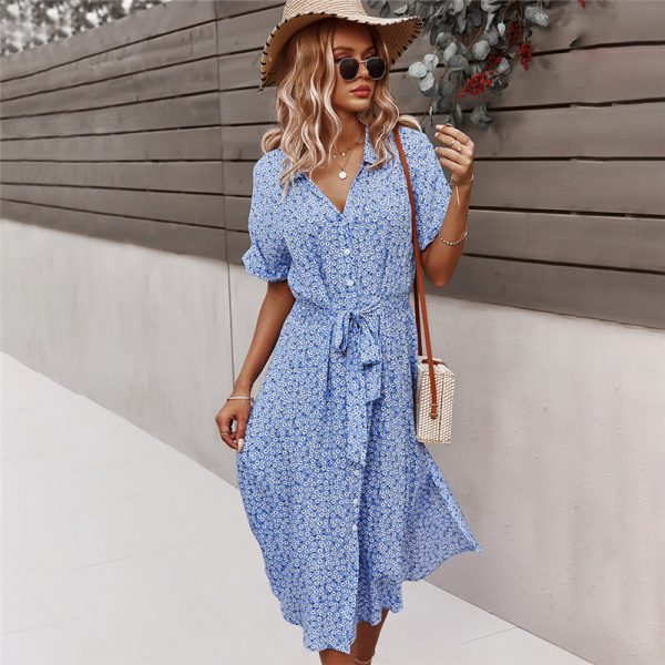 2021 primavera novo vestido de bandagem feminina casual manga curta botão floral vestido de impressão para a mulher verão vestido estilo de férias