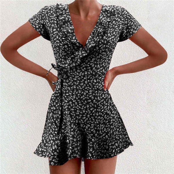 2021 vestido feminino boho floral plissado curto mini vestido de verão nó sexy com decote em v festa vestido de férias femme de mujer - Image 3
