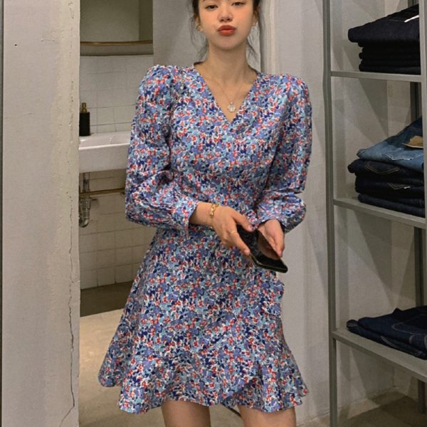 Impresso floral vintage vestido feminino manga longa coreano elegante feminino boho praia chiffon mini vestidos 2021 outono - Imagem 2