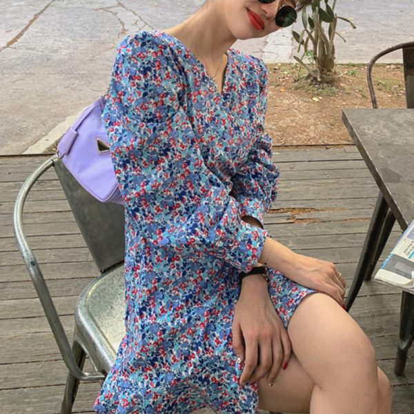Impresso floral vintage vestido feminino manga longa coreano elegante feminino boho praia chiffon mini vestidos 2021 outono - Imagem 3