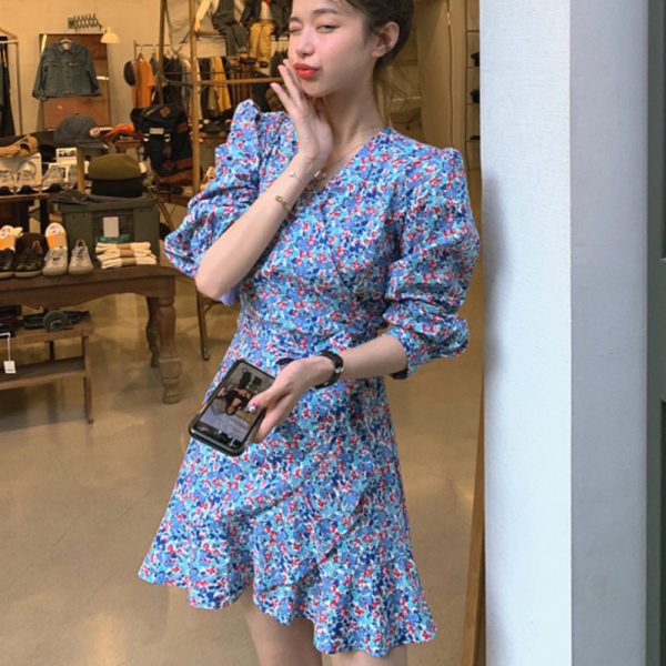 Impresso floral vintage vestido feminino manga longa coreano elegante feminino boho praia chiffon mini vestidos 2021 outono - Imagem 4