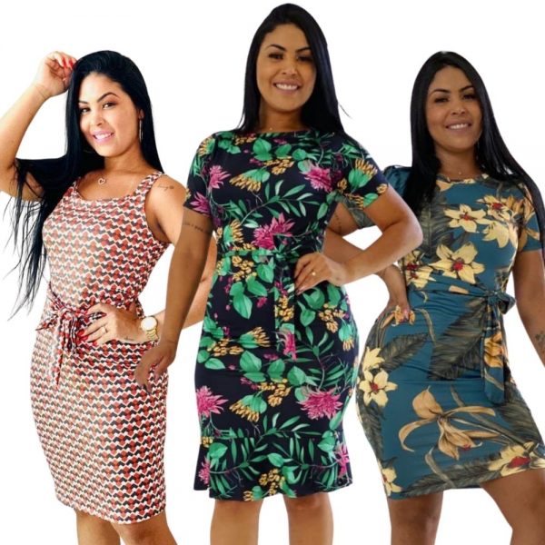 Kit 3 Vestido evangélico malha leila adulto estampado