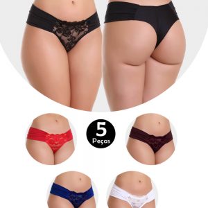 Kit 5 Calcinha IMI Lingerie Tanga Fio Dental Duplo Em Microfibra E Renda Roupa Íntima Sensual Sexy Antônia