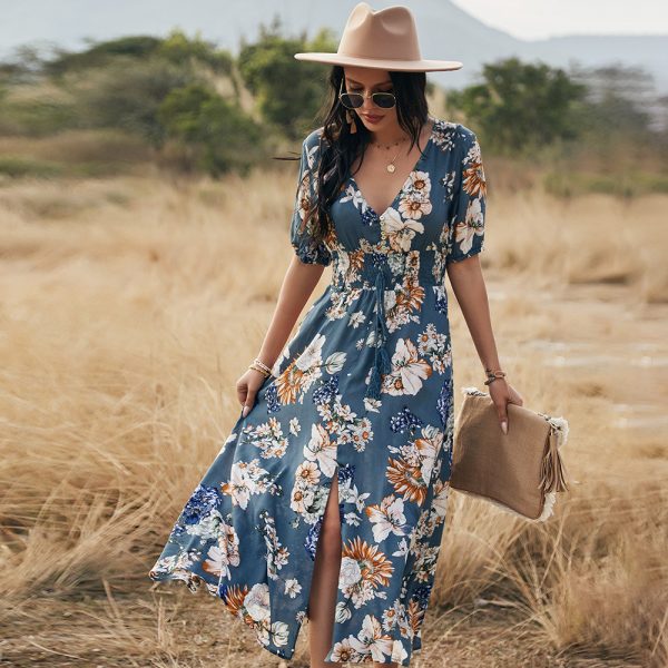 Manga curta maxi split vestido de verão 2021 praia boho impressão sexy com decote em v floral vestidos longos feminino casual solto festa elegante robe - Imagem 2