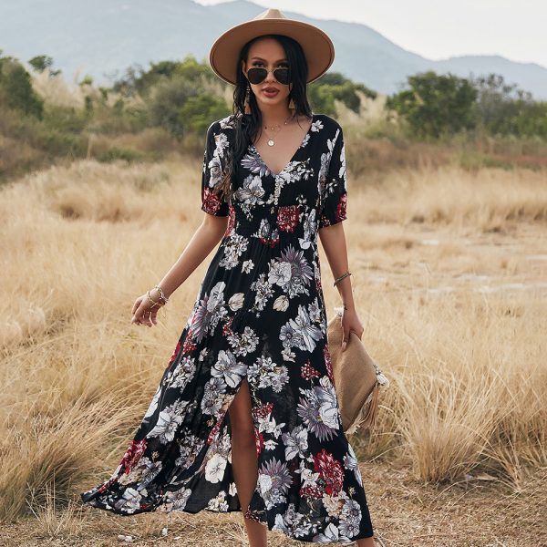Manga curta maxi split vestido de verão 2021 praia boho impressão sexy com decote em v floral vestidos longos feminino casual solto festa elegante robe - Imagem 3