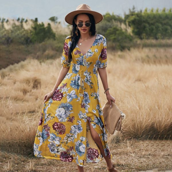 Manga curta maxi split vestido de verão 2021 praia boho impressão sexy com decote em v floral vestidos longos feminino casual solto festa elegante robe - Imagem 5