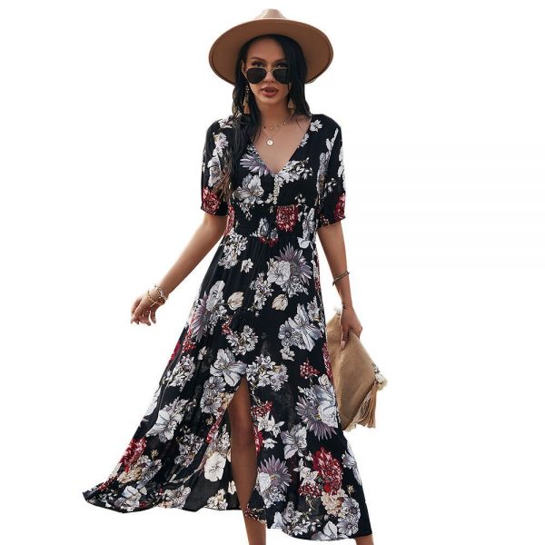 Manga curta maxi split vestido de verão 2021 praia boho impressão sexy com decote em v floral vestidos longos feminino casual solto festa elegante robe