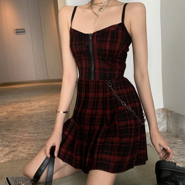 Menina gótica xadrez vermelha vestido plissado com zíper robe punk preto cinta de espaguete mini streetwear curto - Image 5