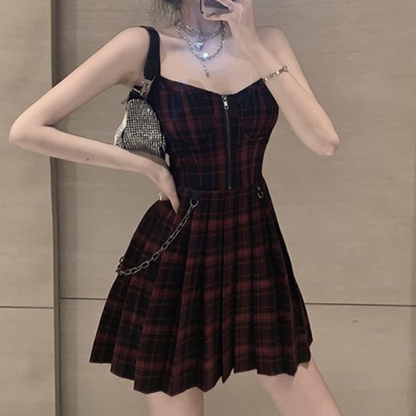 Menina gótica xadrez vermelha vestido plissado com zíper robe punk preto cinta de espaguete mini streetwear curto - Image 6
