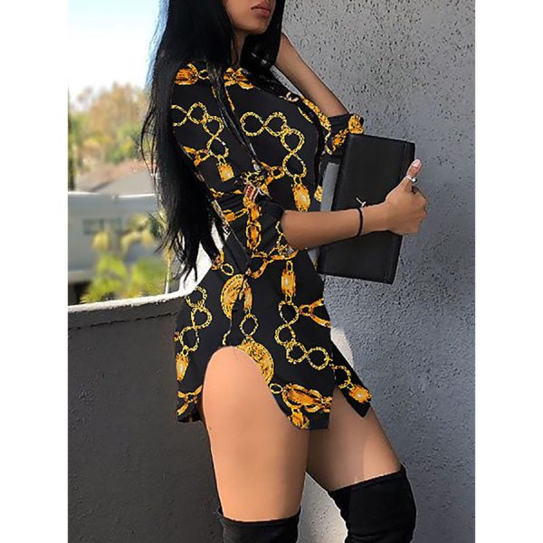 Nova cópia das senhoras vestido sexy boate renda vestido curto curva bainha cinto de impressão corrente casual camisa vestido variedade opcional - Imagem 4