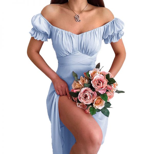 Novo 2021 inverno estilo novo verão feminino elegante azul moda borboleta manga slash neck casual feminino dividir médio vestidos longos - Imagem 6