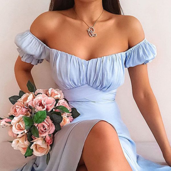 Novo 2021 inverno estilo novo verão feminino elegante azul moda borboleta manga slash neck casual feminino dividir médio vestidos longos