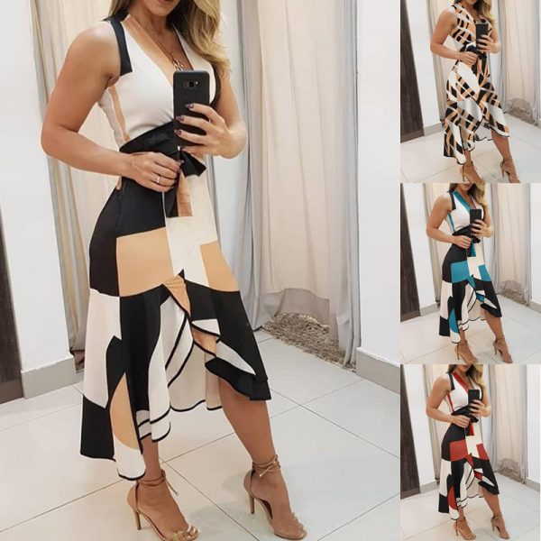 Sexy verão decote em v império cinto túnica feminino midi vestido 2021 moda geometria imprimir irregular escritório senhoras vestidos mais tamanho