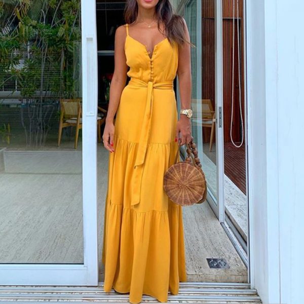 Verão verde túnica maxi vestido v pescoço robe femme cinto elegante babados festa vestidos longos cinta de espaguete casual - Imagem 3
