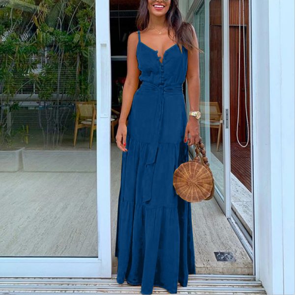 Verão verde túnica maxi vestido v pescoço robe femme cinto elegante babados festa vestidos longos cinta de espaguete casual - Imagem 4