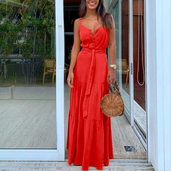 Verão verde túnica maxi vestido v pescoço robe femme cinto elegante babados festa vestidos longos cinta de espaguete casual - Imagem 6