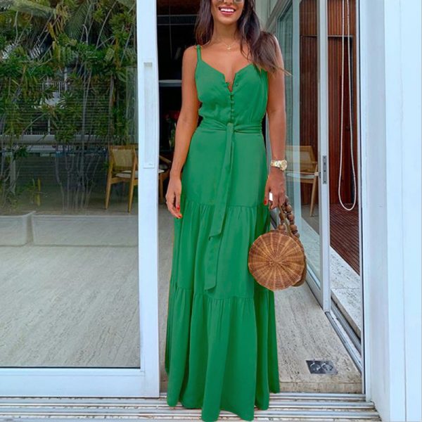 Verão verde túnica maxi vestido v pescoço robe femme cinto elegante babados festa vestidos longos cinta de espaguete casual