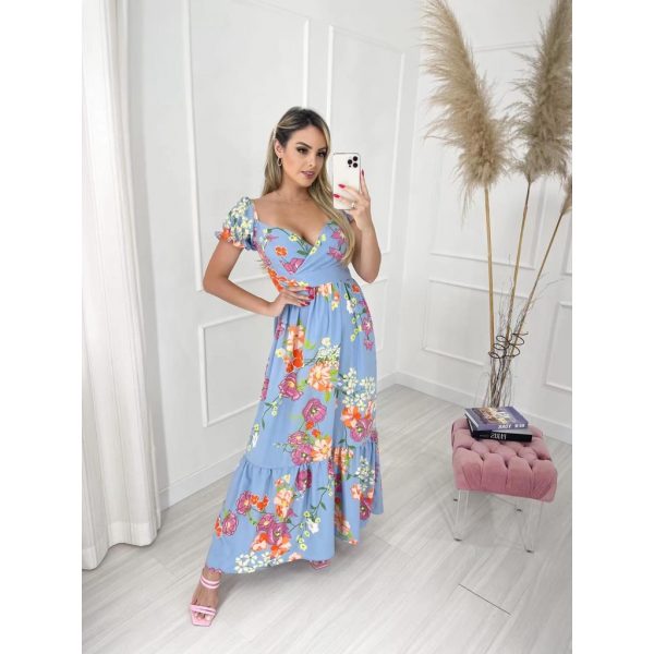 Vestido Longo Estampado Abertura Decotado Social Feminino Para Praia - Imagem 4