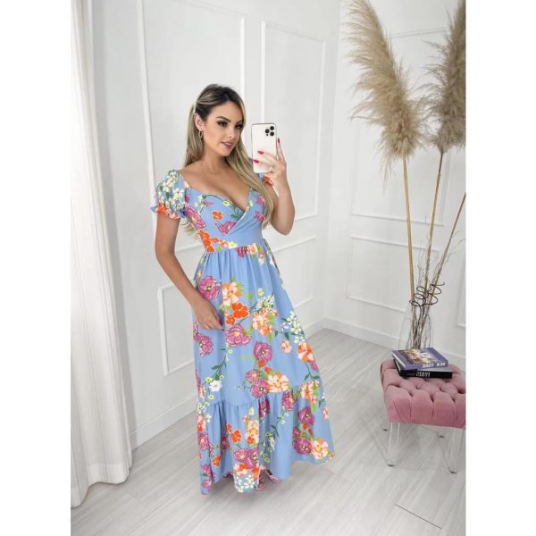 Vestido Longo Estampado Abertura Decotado Social Feminino Para Praia - Imagem 5