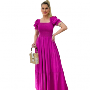 Vestido Longo Feminino Luxo Viscolinho e Lastex Lançamento Verão Moda Evangélica