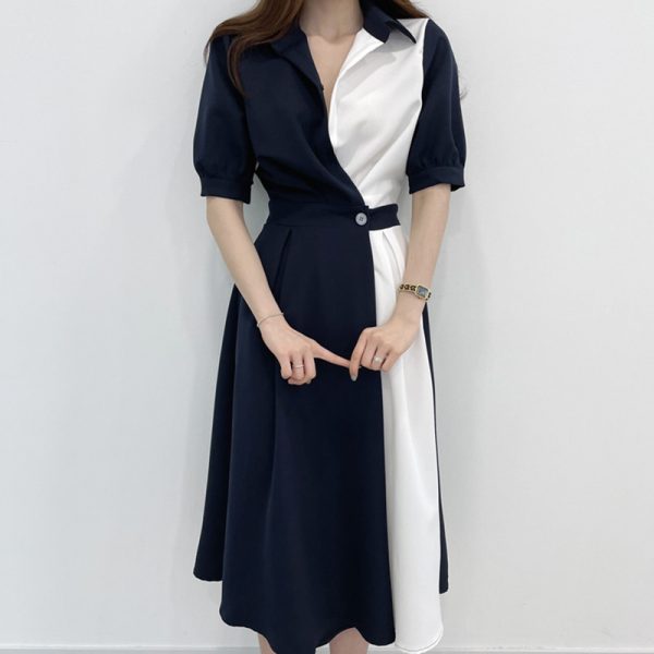 Vestido corto femenino de verano con solapa francesa, traje Sexy coreano de manga corta costuras contrastantes y con una cintura - Imagem 2