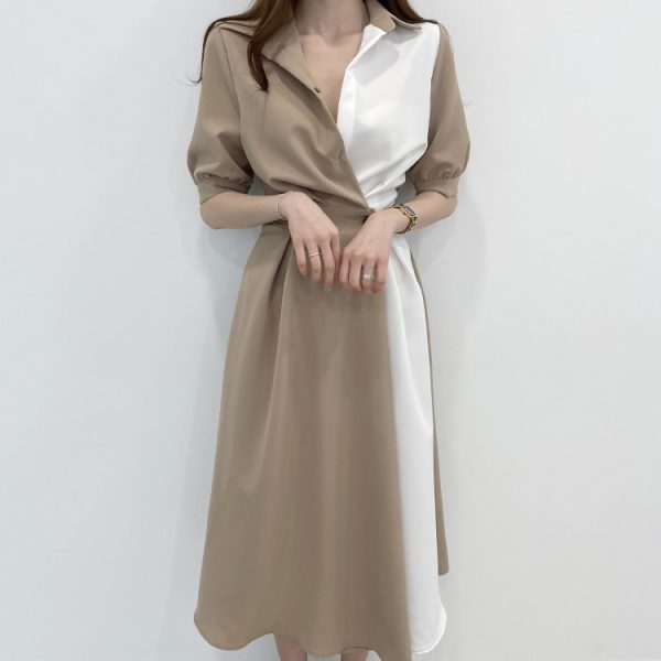 Vestido corto femenino de verano con solapa francesa, traje Sexy coreano de manga corta costuras contrastantes y con una cintura - Imagem 3