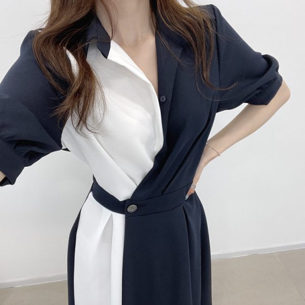 Vestido corto femenino de verano con solapa francesa, traje Sexy coreano de manga corta costuras contrastantes y con una cintura - Imagem 5