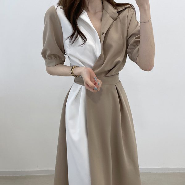 Vestido corto femenino de verano con solapa francesa, traje Sexy coreano de manga corta costuras contrastantes y con una cintura