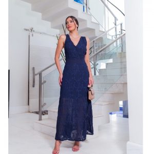 Vestido feminino de festa / musseline bordado / decote v / longo /coleção festas / ly8061