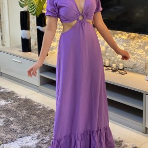 Vestido longo com mangas viscolinho em lilás
