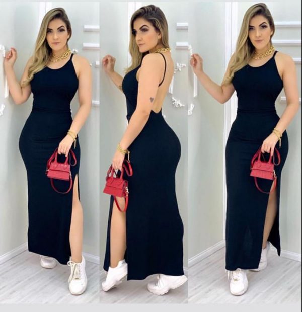 vestido feminino longo com bojo aberto nas costa tecido com elastano moda menina