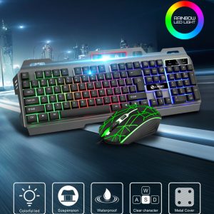 Kit Teclado e Mouse Metal luminoso USB Com fio - Colorido Black Light
