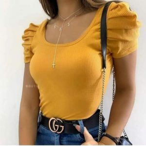 Body bufante manga curta malha canelada estilo fashion