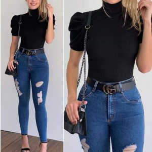 Blusa feminina gola alta manga curta