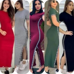 Vestido longo feminino gola rasa manga curta fenda lateral listra fina