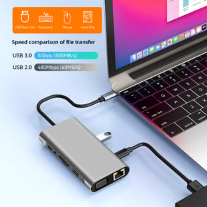 HUB 3.0  USB  Tipo C 4/11 em 1 USB   com HDMI VGA RJ45 Lan Ethernet